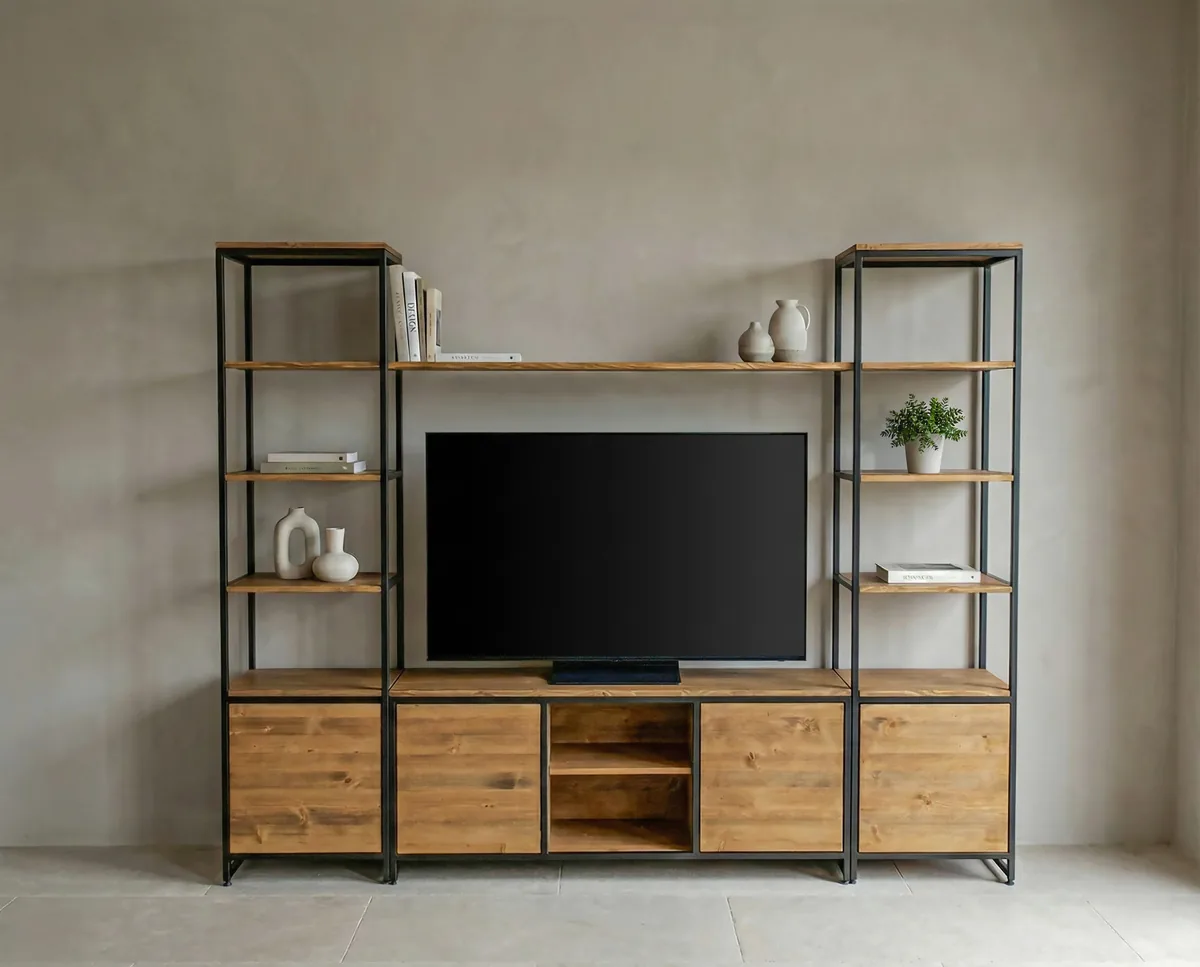 RİTİM Ceviz / Metal Tv Ünitesi — Ceviz masif ahşap